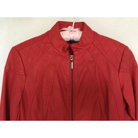 Alfani Red Faux Leather Vegan Moto Bomber Jacket Size XS Lined Pockets Zip Up - Picture 6 of 9